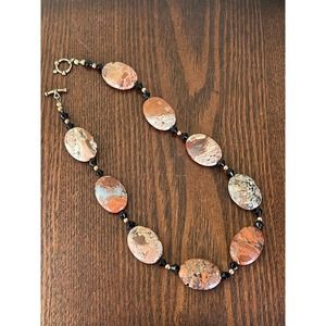Vintage Red Jasper beaded necklace with Black‎ Glass and Copper Beads